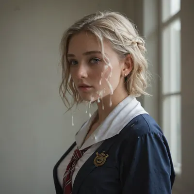 beautiful woman covered in cum. Catholic school girl uniform. large perky breasts, (excessive cum:1)