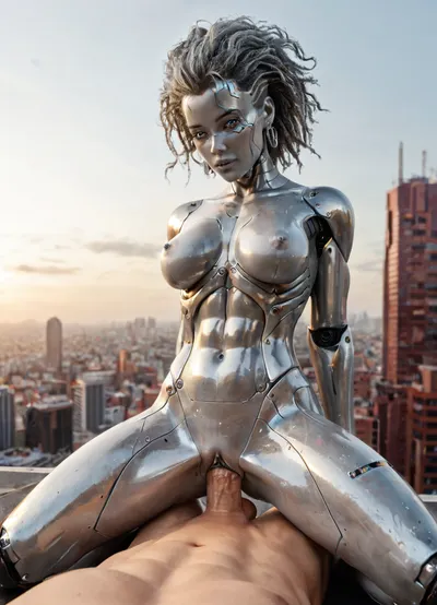 Brunetka 25 lat, nude, silver skin, style haime sorayama art, woman-cyborg, metal skin, cyborg woman, steel skin, FastNegativeV2, BadDream, Perfect face, translucent, transparent, full body, sci-fi, cowgirl sex, pov, cock in pussy, alien city, sky city, SyFyEye1, <lora:sdxl_glass:1.1>, <lora:SyFyEye1_XL_v1.0:1.4>