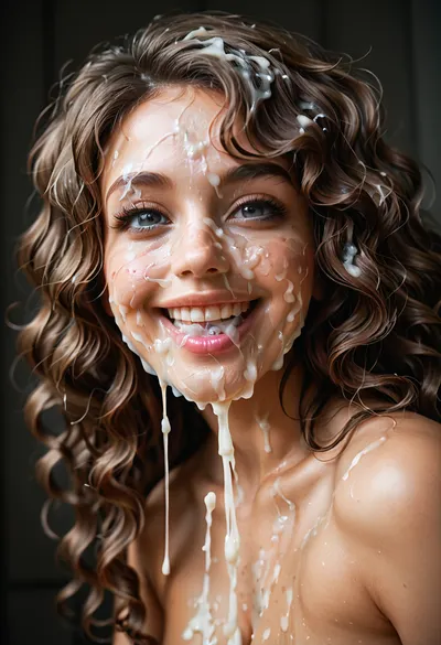 super close hot of bukkake, viewed from side and below breasts looking up, happy open smile, hd dark and detailed grey eyes and iris, ((long wavy hair)), excessive cumshots, facial portrait picture of her face in cum facial, with natural minimal makeup, (looking at viewer), a lot of Cum on her face and between her perky saggy pointy breasts, huge perky puffy areola and nipples, cum on her eyelashes, Cum on her eyelids, Cum on her cheek skin, her face wet with Cum, Cum on her pink lips. cum in her hair, cum in mouth, woman, cum, on, face, (styles, aged 37, older, 37yo), <lora:JustCum:1.3>, <lora:add-detail-xl:.1>