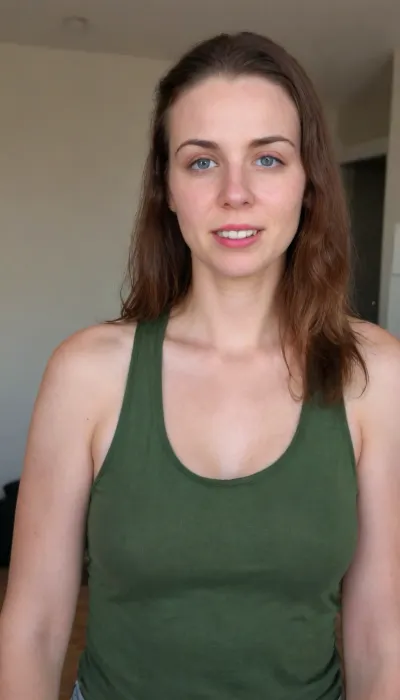 Detailed photograph of an ugly Irish mom with a pimpled face and saggy tits, realistic detailed face, realistic detailed skin, wearing an oversized loose tank top, with her breasts hanging in the arm hole, <lora:sagging-000015:2>, Detailed, natural, skin, blemishes, without-makeup, pimples, <lora:skin_4-000015:.8>