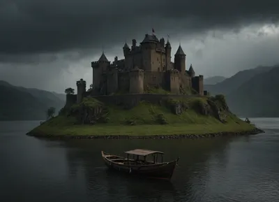 fantasy, A Wasterland fort on the lake, ((rain)), boat, outdoors, photography