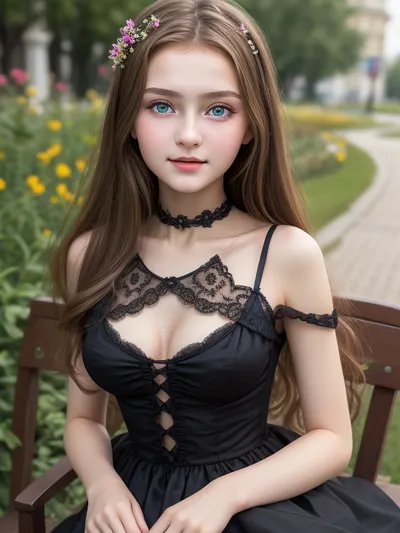 (masterpiece), best quality, beautiful 15 years old russian girl, eyes focused on the viewer, expressive eyes, perfect face, safe_pos, Laughing, natural makeup, babydoll, dress, visible cleavage, medium breast, black hair