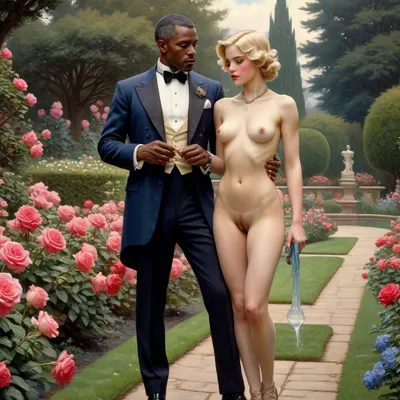 masterpiece, best quality, 1girl, 1black man, (an old black man with a naked torso), Lustfully looks at a brutal black male gardener in a park watering roses, J.C., Leyendecker, Style, page, short, whdbd, A lustful look, blue, dress, jewelry, necklace, bonnet, long, sleeves, bow, lace, trim, frills, pantyhose, country estate, well-kept park, beautiful flower beds, <lora:J.C. Leyendecker Style:.4>, <lora:whdbd XL:.8>