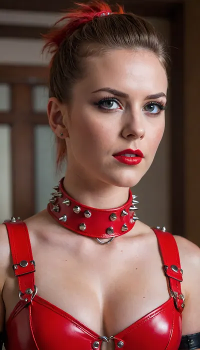 she is wearing vivid red leather collar spiked, vivid red BDSM outfits spiked, glossy leather complex harness spiked