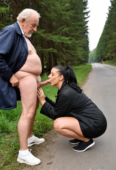 (((a full body view))), With 4 m of setback, old nude woman cute thin 69 year old Italian woman is on a walk in a forest and see an very old fat who masturbating, she decided to help him with his dick an give him an nice hard blowjob, ((background is a forest street)), ((1 very old fat man white long beard and short hair is smiling:1)), ((sporty small 69 year old slim ass supermodel darkhaired woman with sportdress:1)), woman supermodel body, (very old fat man standing near the street), ((slim instagram model with black haired ponytail)), (((woman in a squatting position in front of the very old man:1))), (((woman is giving a handjob to the very old fat man with short hairs penis))), short dick, masterpiece, 4k, high details, realistic eyes, full view, dark hair, view from the side, ultra high res, 8k uhd, dslr, high quality, (highly detailed hair), masturbating, realistic penis, short penis, fat cock, big balls, (woman in full jogging clothes:1), (old fat man in black trenchcoat his pants pulled down), woman handle his dick in her hand, full view of both persons, very old fat mans hand on the womans tits, realistiy eyes, closed eyes, slim babe, high detailed licking, (old man is smiling:1), (woman is complette dressed:1)