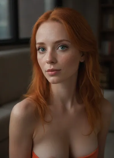 1girl, 40 y.o., long straight hair, (bright carrot-color hair), Francisca, perfect human anatomy, aureal proportions, stylized aquiline nose, sexy lips, big blue eyes, expressive eyes, realistic iris, very detailed eyes, freckles, redhead, mixed race, Northern European, natural, short stature, curvaceous, small waist, medium size breasts, wide hips, bubble butt, hands behind her back, delicate feet, carrot-color pubes, sweet character, innocent, shy, blushing, slightly aroused, erect nipples, classy stay-home mom, hotwife, audiophile, loves doing yoga, weight lifting, swimming, running, candid shot, lying on the couch after a heavy workout, sweaty clothes, CK underwear, condo setting, living room, bookshelf, turn table with records in the background, speakers, big window with city view NEGATIVE_HANDS, BREAK masterpiece, renaissance, Michelangelo, hires, 8k, photography, Nikon, f/1.8, bokeh, 3/4 view, (headshot:2), specular lighting