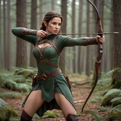 An agile female archer in the wilderness, captured mid-motion as she draws her bow, aiming intently at a target. Her body is in a dynamic stance — one leg slightly forward, knees bent, core engaged, and her torso slightly twisted for the shot. Her expression is focused and intense. She wears only a cape and a belt, her breasts are small, almost flat. She is an elf and has pointy ears. The pose and setting convey stealth, strength, and precision in a hunting scenario. She is fully visible from bare feet to head. Non of her body is cropped.