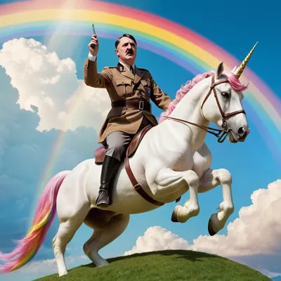 super homogay adolf hitler riding a flying unicorn which itself is pooping a rainbow on a sunny day
