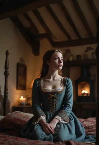 a beautiful young Scottish maiden wakes up in the loft bedroom of her medieval cottage