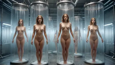 futuristic laboratory, giant tubes and vats of strange liquids, pipes, cords, cables, chemicals, full body portrait, ((multiple nude women floating suspended in large tubes of glass)), Containment, Tube, <lora:ContainmentTubeXL:.8>