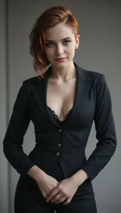 Ultra detailed, intricate detail, cinematic photo. intense backlight. Chiaroscuro. Beautiful face, intricate. Night in new york. Black and white, b&w, golden hour. Award winning monochromatic photograph in extreme low angle full body portrait of shy smile, playful, strong Beautiful punk rock woman in very ornate tight teal suit, Cleavage, . Posing smiling. Undercut, shaved redhead. Caravaggio style. Vermeer, Goya, Caravaggio. Cleavage.