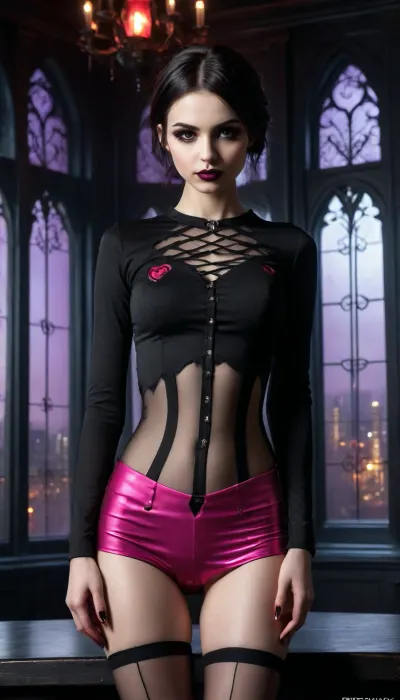 1girl, 18 yo Alice Knyazeva, good girl, short hair, (black hair), beautiful, grey eyes, beauty medium eyes, lovely, ((full)), face, (young face:1.5), (gothic make up:1.5), lovely lips, black glossy lipstick, ((bitchy expression)), ((dominant eyes)), ((medium breasts)), (small slender body:1.4), lovely stomach, pretty pink top, pretty, ((pink mini skirt)), (((with black vertical stripes))), ((plaid gothic tights)), (((slender thighs))), (stomach), piercing on stomach, tits, moderngothic interior, night time, ((penthouse)), neon lights, futuristic city from windows, stars, score_9, score_8_up, score_7_up, Danbooru style, masterpiece, 8k, the best quality, ultra-detailed, gothic, bitch, reij-mg, neon, lights, dark, ambient, light, boobheart, heart, hands, self, grabed, own, breast, <lora:reij-moderngothic-000006:1>, <lora:_sdxl-boobheart:.8>