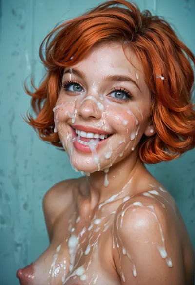 super close shot of bukkake, (viewed from side and front), happy open smile, hd dark and detailed grey eyes and iris, ((short hair)), lots of long runny thick cumshots, facial portrait picture of her face in cum facial, with natural minimal makeup, (looking at viewer), a lot of Cum on her face and between her perky saggy pointy wide_set medium breasts, huge puffy stiff cold areola and nipples, cum on her eyelashes, Cum on her eyelids, Cum on her cheeks, her face coated with Cum, Cum on her pink lips. cum on her hair, cum in mouth, (ginger marinette, aged 37, older, 37yo), woman, cum, on, face, <lora:JustCum:.9>