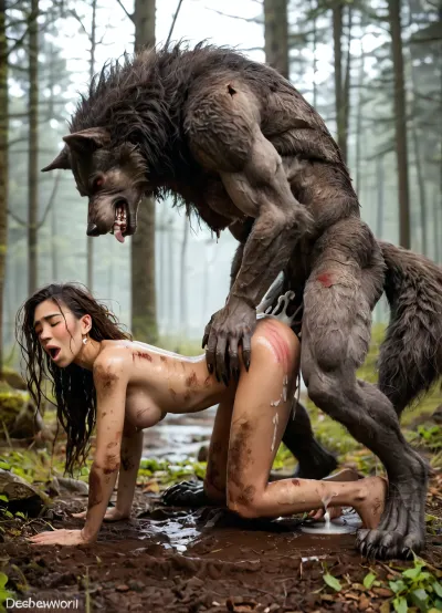 In a foggy forest, Side view, full female body view, beautiful petite latina, very long messy hair, scratches, muddy, wounded, (She is getting fucked in standing doggy by one werewolf:1.3), (very large werewolf:1.5), tall werewolf, on her toes, one lifted knee, slender body, closed eyes, moaning, blush, ((medium natural breasts)), very sweaty, (huge creampie), EdobWerewolf, <lora:add-detail-xl:.5>, <lora:sunnyrayyxo_v1_SDXLBase:.3>, <lora:885759_training_data:.8>, <lora:EdobWerewolf_XL_v1.0:.8>