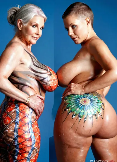 Very busty 60 years old stacked thin grandmothers duo, huge siliconed big tits, perfect giant round boobs, amazing body, mature, professional studio background, different poses, old gorgeous gilf, fantasy patterned, body painting, huge ass painted, colored patterned, naked High detailed photo, high quality photo, different angles, close-up, portrait
