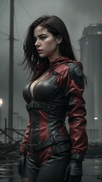 ---

☢️🖤🔴 AI Prompt – “The Crimson Signal – Chapter I”, (reworked), A lone woman stands motionless at the edge of a devastated post-apocalyptic city.

The entire image is in high-contrast black and white — decayed Soviet buildings loom behind her, trees have grown wild, vines cover collapsed structures.

It's raining — fine mist hangs in the air, and puddles ripple around her boots.

She is beautiful but untouched by vanity — a figure of quiet power and grace. She wears a fitted tactical cloak, soaked and clinging to her silhouette, strong legs, narrow waist, and gentle curves at her chest, subtly defined beneath the wet layers.

Her hair is loose, red and wind-blown, strands sticking to her cheek. Her face is cute and nice— sexi, wise, slightly mournful. Nice breast

On her chest rests a single pendant glowing deep red — glowing faintly in the monochrome rain.

This red pendant is the only color in the scene. Its light reflects off water and faintly tints the edges of her neck and jaw.

Behind her, in the misty distance, the cooling towers of the reactor rise like ghosts from another time.

A raven flies past, its wings spread wide, blurred by the rain.

Mood, cinematic, quiet majesty, grief and resilience
Style, hyper-detailed black and white with vivid red element
Emphasis, strong female presence, hard beauty, collapse and memory