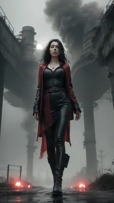 ---

☢️🖤🔴 AI Prompt – “The Crimson Signal – Chapter I”, (reworked), A lone woman stands motionless at the edge of a devastated post-apocalyptic city.

The entire image is in high-contrast black and white — decayed Soviet buildings loom behind her, trees have grown wild, vines cover collapsed structures.

It's raining — fine mist hangs in the air, and puddles ripple around her boots.

She is beautiful but untouched by vanity — a figure of quiet power and grace. She wears a fitted tactical cloak, soaked and clinging to her silhouette, strong legs, narrow waist, and gentle curves at her chest, subtly defined beneath the wet layers.

Her hair is loose and wind-blown, strands sticking to her cheek. Her face is calm — serious, wise, slightly mournful.

On her chest rests a single pendant glowing deep red — glowing faintly in the monochrome rain.

This red pendant is the only color in the scene. Its light reflects off water and faintly tints the edges of her neck and jaw.

Behind her, in the misty distance, the cooling towers of the reactor rise like ghosts from another time.

A raven flies past, its wings spread wide, blurred by the rain.

Mood, cinematic, quiet majesty, grief and resilience
Style, hyper-detailed black and white with vivid red element
Emphasis, strong female presence, soft beauty, collapse and memory