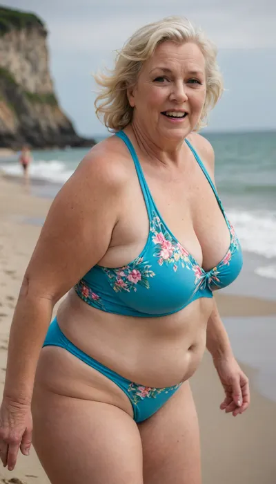 RAW photo, subject, (fine skin detail:1.1), 8k UHD, soft light, high quality, film grain, Fujifilm XT3, dynamic angle, An old blonde granny, fat, obese, Chubby blonde in a bright swimsuit frolicking on the beach
