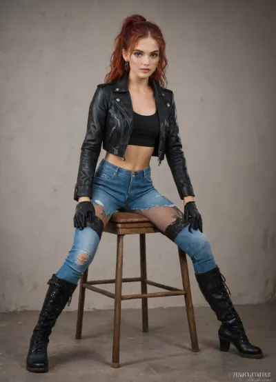 full body view high key foto on the backyards horse riding, beautiful dominant and flirty red haired woman, summer-sprouted with ponytail trying on long black lace up black stiletto leather thighboots over tight light blue leather breeches, wearing pantyhose, long skinny leather gloves, short black leather jacket, lacing up her black stiletto thighboots, posing, lacing up boots, in thigh high lace up black leather boots over dirty with mud light blue leather breeches