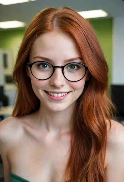 beautiful cute slender 18 year old woman posing topless, long red hair, wearing big round glasses with thin frames, bare breasts, green eyes, smiling, in an office, 3/4 view, close-up