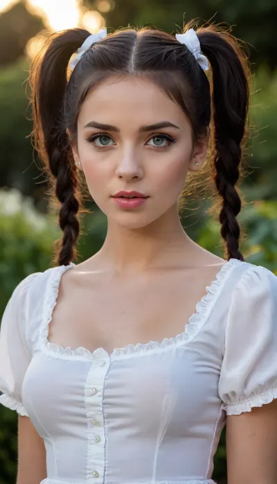 only face in image, most beautiful sexy bitch in all universes, extremely beautiful face, extra sensual, alluring, high cheekbone, extremely full sensual lips, light blue eyes, plain jet black hair, (twintails:1.2), lean body, hourglass figure, tanned, solemn, slightly blushing, (frilly white low sleeved blouse:1.2), navel exposed, blackboard in background, evening light, english garden, only face of woman in image