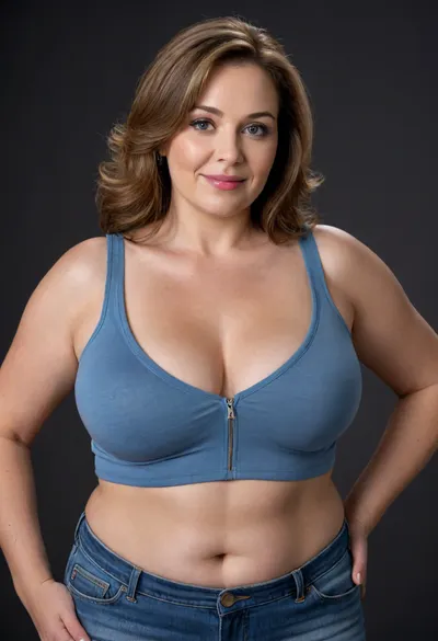 1/3 side view, This striking full-body portrait, meticulously presents a ssbbw mature, fat, FUPA, Armenian, very obese, (chubby), (gilf), 60 years old. Her presence dominates the frame against a stark and unassuming plain black backdrop, ensuring all attention is directed towards her.
Her face is a compelling focal point, showcasing soft, mature features. Her skin has wrinkles, possessing a natural, even complexion that hints at a life well-lived. There are subtle suggestions of maturity around her striking light blue eyes, which are the windows to a confident and knowing gaze directed straight at the viewer. Her facial expression is inviting, marked by a sexy and authentic smile that subtly lifts her big, plump, and juicy lips, teeth showing, lips parted. The contours of her face are soft, lacking harsh lines, contributing to her approachable demeanor.
Framing her face is her long, brunette hair, which cascades over her shoulders with a natural wave. Interspersed within the brunette are distinct and visible streaks of gray, unequivocally signaling her mature age and adding a touch of distinguished elegance to her appearance. Her hair is styled with a simple part slightly to her right, allowing it to fall naturally and frame her face softly. Long hair.
Her body is plump and has a curvaceous figure, obese. Her mature physique is evident in several key areas, wide hips that suggest a feminine silhouette, a noticeable fupa, which is a roll of fat in the upper pubic area, a chubby pelvis, and a plump waist, all contributing to her substantial and womanly form. Her breasts are presented in a realistic manner, appearing saggy due to age and gravity. The thin fabric of her t-shirt allows for the distinct outline of her nipples to be visible, indicating the absence of a bra and adding to the naturalism of the portrayal. Braless.
She is comfortably dressed in a form-fitting, sleeveless v-neck t-shirt in a solid, medium heather gray color. The fabric appears to be a thin cotton material, which subtly clings to her curves, further emphasizing her plump figure. The v-neck cut is notably deep, drawing the viewer's eye to her décolletage, a classic area of mature feminine allure. Below the hem of the t-shirt, the top portion of what seems to be high-waisted blue jeans are unbuttoned and unzipped, open, pubic hair is visible, suggesting a casual yet comfortable style. Her pants are form fitting, providing a slight definition to her ample midsection, and curves. Unzipped jeans.
Her hands are positioned near her breasts, conveying a relaxed and natural posture. On her left hand ring finger, she wears a prominent wedding ring featuring a big, sparkling diamond, blue eyes