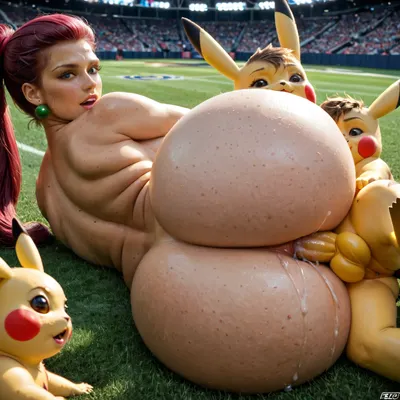 Jessie from Pokémon, thick curvy chubby naked body, giant perky breasts with large areolas, breast expansion, hyper wide hips, huge giant perky tits, giant fat ass, aroused moaning face, spooning anal sex, (Pikachu fucking Jessie's big ass:1.3), bouncing tits, bounce lines ultra realistic, precum, masterpiece, best quality, in a battle stadium, detailed, eyes, perfect, freckles, skin, texture, photorealistic, <lora:add-detail-xl:.8>, <lora:Super_Eye_Detailer_By_Stable_Yogi_SDPD0:.8>, <lora:SDXLHighDetail_v6-000005:.8>