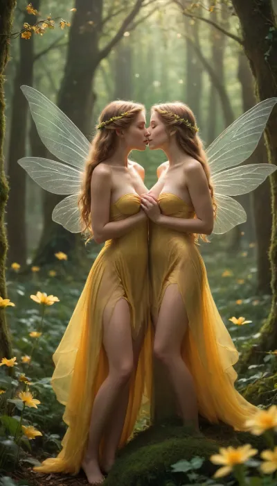 A beautifully crafted scene depicting two fairies in a dreamy, enchanted forest. The fairies, adorned with delicate wings, are in a tender moment, sharing a kiss. They wear shimmering yellow robes, (((breasts uncovered))), that reflect the soft light filtering through the foliage. The background is a lush, vibrant green, filled with small yellow flowers that accentuate the enchanted atmosphere. A gentle drizzle of honey is falling from above, adding a whimsical touch to the scene as it catches the light. The lighting is soft and warm, enhancing the ethereal quality of the fairies' skin and the glossy texture of their wings. The composition features a shallow depth of field, focusing closely on the fairies while softly blurring the background, emphasising their intimate connection. The overall style is a blend of realism and fantasy, capturing a moment of magic and innocence in a tranquil setting.