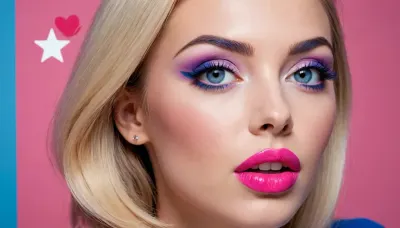 The image is a popart illustration of a adult beautiful woman. She has a fair complexion and her hair is styled in a sleek, straight look. Her eyes are a deep blue color and her eyebrows are a lighter shade of blue. She is wearing a pair of pink lipstick and her lips are painted a soft pink. text, playful font, icons, star, heart, barcode, The overall color scheme is bright and vibrant, with shades of pink, purple, and blue. long shadows, dreamy mood, distorted perspective, worm´s-eye view, #©KITTYART