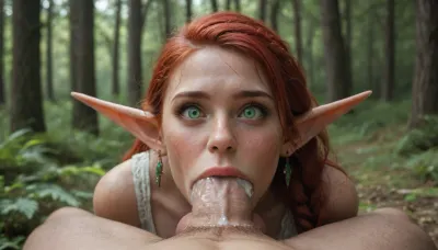 (hyper sexy elf girl with amazing and majestic body), (surprised expression), (super white skin with a lots of freckles), (very long elf ears), (big vibrant green eyes), (wide mouth), (long braided red hair), ((huge dick deepthroat pov)), (cum), (in fantastic forest)