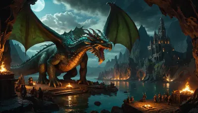 Steampunk illustration, detailed bird's-eye view of a grand battle between kuotoas and a dracolich of huge green gragon on the lake shore of Sloobludop city, Sloobludop stretched along the rocky shore of the Darklake, in a immense cavern dimly lit by phosphorescent fungus, corals, and bioluminescent fish glands. The roof of the cavern is dark gray, with clouds of smoke from the dragon below, illuminated by the bright, cold light electric lightening of the dracolich. In the far, Orcus is looking at the battle scene laughing out loud. The atmosphere is intense, dramatic, epic. The style is detailed realism, steampunk, in the spirit of classic fantasy illustrations. The texture of metal, wood, and fabric of the city is visible. The depth of field is high, and the focus is on the Kuotoas and dracolich. The color palette is dark tones with bright flashes of fire and a glint of metal. The composition is dynamic and diagonal.