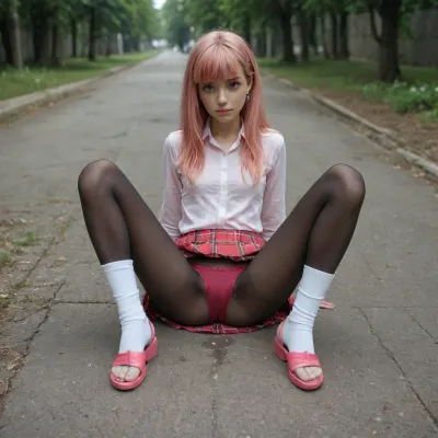 18 yo school girl, (long thin legs:1.2), (tall:1.3), (skinny:1.4), outside, light flooded, full body view, full body, full legs, ((show feet)), (feet visible), upskirt, beautiful 21 years old, ((wear white long knee socks over black pantyhose)), ((very short plaid pleated miniskirt)), (red sheer panties over pantyhose), (high pink sandals:1.7), sitting on ground, front view, vagina visible, (water dripping clothes, water dripping hair), (knee apart:1.6), (top view:1.3), <lora:275493_training_data:2>