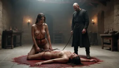 married heterosexual couple having
oral sex in 69 position on a large bed, cunnilingus, blowjob, 69 position, full length view, full body shot, natural sex position, natural lighting, soft cozy lighting, intimate lighting, super detailed, very detailed, masterpiece, Brutal torture scene, medieval place, old castle, historical place, Pale skin tone, strikingly beautiful features of the person tortured by witch-killers in a medieval dungeon with all the instruments of torture.
Dramatic horror scene in a ritual . Her facial expression is one of pain and agony, and her body is tense and contorted. Red marks from whip strokes and superficial wounds are visible on her skin, slightly swollen and reddish, without much bleeding. Two men in dark clothes with leather whips in their hands are standing nearby, on the sides, out of focus. The lighting is cold and dim, creating a dark, oppressive atmosphere. The background elements hint at a cult or ancient ritual site, dark stone, earth tones, fog. The tone is cinematic, gritty and disturbing, but not overt or voyeuristic. Style, cinematic concept art with high detail, 3D rendering or photorealistic illustration, horror film production style.
atmosphere, ritual and oppressive, act of violence with gratuitous cruelty, 8k, intricate details, xl details, superfocus, wide angle scene, super sharp, cinematic