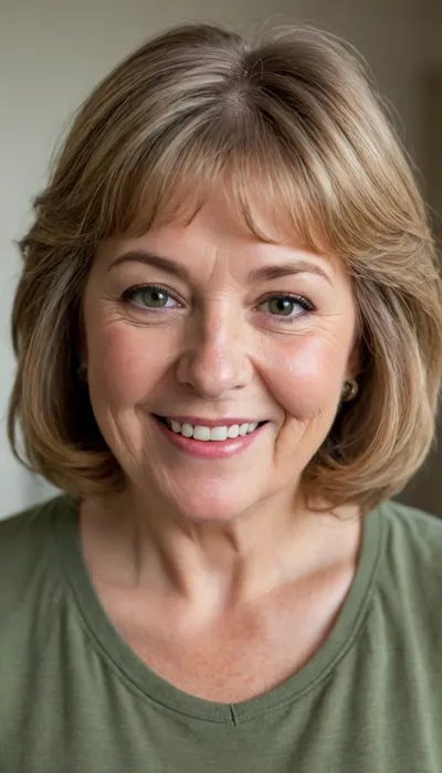 This image shows a headshot of a fat smiling mature granny. She has shoulder-length, light brown hair with lighter highlights, styled with some volume and bangs. Her eyes are blue and she's looking directly at the camera. She's wearing a casual, light olive green t-shirt with a v-neck that reveals some cleavage. There are visible freckles on her chest. The lighting in the image appears to be natural, and the background is a blurred, light-colored indoor setting.