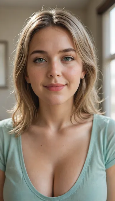This image shows a headshot of a obese smiling mature granny. She has shoulder-length, light brown hair with lighter highlights, styled with some volume and bangs. Her eyes are blue and she's looking directly at the camera. She's wearing a casual, light olive green t-shirt with a v-neck that reveals some cleavage. There are visible freckles on her chest. The lighting in the image appears to be natural, and the background is a blurred, light-colored indoor setting.