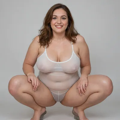 This striking full-body portrait, meticulously presents a ssbbw mature, fat, FUPA, very obese, (chubby), (gilf), 60 years old. Her presence dominates the frame against a stark and unassuming plain black backdrop, ensuring all attention is directed towards her. She is squatting.
Her face is a compelling focal point, showcasing soft, mature features. Her skin has wrinkles, possessing a natural, even complexion that hints at a life well-lived. There are subtle suggestions of maturity around her striking light eyes, which are the windows to a confident and knowing gaze directed straight at the viewer. Her facial expression is inviting, marked by a sexy and authentic smile that subtly lifts her big, plump, and juicy lips, teeth showing, lips parted. The contours of her face are soft, lacking harsh lines, contributing to her approachable demeanor.
Framing her face is her long, auburn hair, which cascades over her shoulders with a natural wave. Interspersed within the auburn are distinct and visible streaks of gray, unequivocally signaling her mature age and adding a touch of distinguished elegance to her appearance. Her hair is styled with a simple part slightly to her right, allowing it to fall naturally and frame her face softly. Long hair.
Her body is plump and has a curvaceous figure, obese. Her mature physique is evident in several key areas, wide hips that suggest a feminine silhouette, a noticeable fupa, which is a roll of fat in the upper pubic area, a chubby pelvis, and a plump waist, all contributing to her substantial and womanly form. Her breasts are presented in a realistic manner, appearing saggy due to age and gravity. She is wearing a form-fitting, white v-neck one-piece swimsuit. The fabric appears to be a thin material, which subtly clings to her curves, further emphasizing her plump figure. The v-neck cut is notably deep, drawing the viewer's eye to her décolletage, a classic area of mature feminine allure.
Her hands are positioned near her breasts, conveying a relaxed and natural posture. On her left hand ring finger, she wears a prominent wedding ring featuring a big, sparkling diamond. Exposed pubic hair, excessive pubic hair, cellulite, thick, thighs