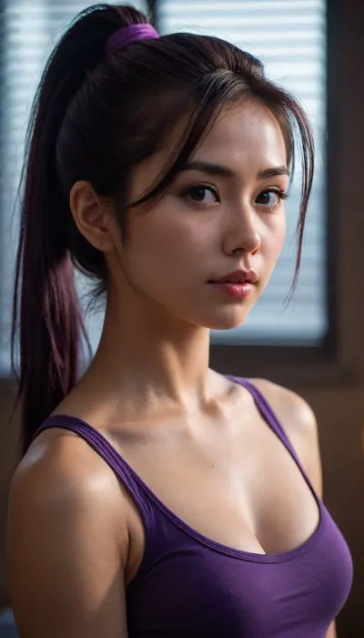 Create an intense, evocative portrait in the Japanese retro anime style of the 80s and 90s. The scene features a female bathed in deep dark light. The background is stark, with sharp contrasts highlighting the contours of he form. The blue and purple and black palette intensifies the mood, evoking a sense of mystery and allure. Subtle film grain and meticulous shading add depth and texture, emphasizing the emotional gravity of the scene. The lighting creates a chiaroscuro effect, accentuating her expressive pose and the intense atmosphere. Ponytail hairstyle. Wear mini tanktop.