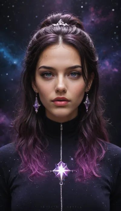A Starseed Empress floating in deep space, wearing a crystalline robe and a cosmic crown made of orbiting planets. She stands atop a glowing Merkaba platform surrounded by sacred geometry, stardust, and galactic portals. Her eyes glow like stars. Background, violet nebula, cosmic fractals, divine starfield. Galactic feminine energy, celestial journal cover.
