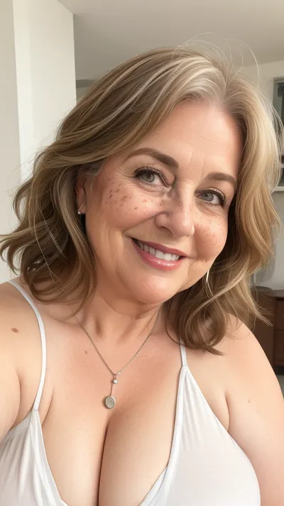 This image shows a headshot of a 65 year old obese ssbbw smiling mature granny. She has shoulder-length, light brown hair with lighter highlights, styled with some volume and layers. Her eyes are blue and she's looking directly at the camera. She's wearing a casual, light white camisole with a v-neck that reveals some cleavage. There are visible freckles on her chest. The lighting in the image appears to be natural, and the background is a blurred, light-colored indoor setting. Erect nipples. Downblouse, leaning forward., downblouse, nipslip, <lora:RealDownblouse4:.2>