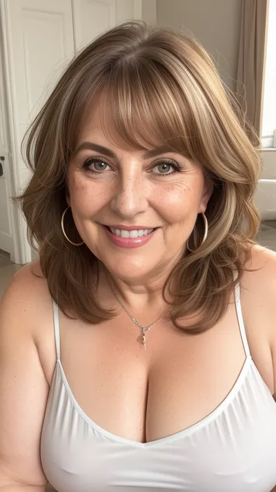 This image shows a headshot of a 65 year old mature obese ssbbw smiling mature greek granny. She has shoulder-length, light brown hair with lighter highlights, styled with some volume and bangs. Her eyes are blue and she's looking directly at the camera. She's wearing a casual, tight silk light white camisole with a v-neck that reveals some cleavage. There are visible freckles on her chest. The lighting in the image appears to be natural, and the background is a blurred, light-colored indoor setting. Erect nipples. Downblouse, leaning forward. Open mouth smiling, lips parted, teeth showing