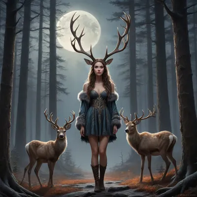 Painting of a majestic, antlered women standing in a dark, moonlit forest. The women, resembling a mix of deer and elk, has large, intricate antlers, a thick, shaggy mane, and glowing eyes. Silhouetted trees and a glowing horizon in the background add to the eerie, mystical atmosphere. #©KITTYART



































#©KITTYART