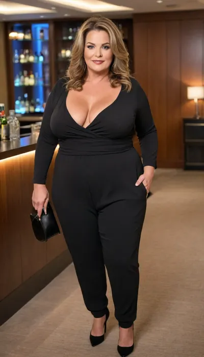 Women, 55 years old, milf, ssbbw figure, fupa, with oversized massive thick thighs and oversized wide hips. Natural floppy breast, braless under clothes. Tanned, tannlines. Seductive posing. Captivating light eyes. Dark blonde hair, hairlenght up to hips, straight hairstyle. In wide black jumpsuit, decollete. At a party in a modern luxury hotel bar.