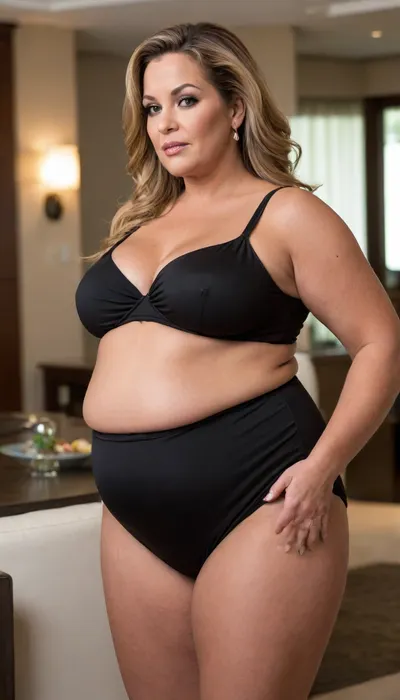 1/3 side view, Women, 55 years old, milf, ssbbw figure, fupa, with oversized massive thick thighs and oversized wide hips. Natural floppy breast, braless under clothes. Tanned, tannlines. Seductive posing. Captivating light eyes. Dark blonde hair, hairlenght up to hips, straight hairstyle. In wide form-fitting black jumpsuit, decollete. At a party in a modern luxury hotel bar. Walking
