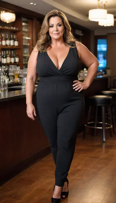 Women, 55 years old, milf, ssbbw figure, fupa, with oversized massive thick thighs and oversized wide hips. Natural floppy breast, braless under clothes. Tanned, tannlines. Seductive posing. Captivating light eyes. Dark blonde hair, hairlenght up to hips, straight hairstyle. In wide black jumpsuit, decollete. At a party in a modern luxury hotel bar. Walking, <lora:add-detail-xl:.8>