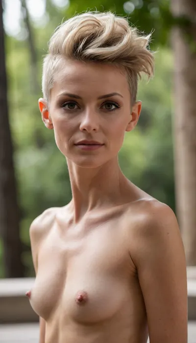 RAW 8K photo, entire body picture head to toes, naked mature woman‘s petit body 45 kilograms light, extremely skinny like a professional ballerina, bordering anorexity, very sinewy body, dry muscles, (very dark sunburnt tanned skin), ultrarealistic skin texture, ashblonde very pixie mohawk updo hair and a undercut, very relaxed posture