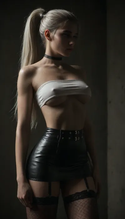 (score_7_up, score_8_up, score_9, 1girl, solo, masterpiece), sultry, seductive, seducing, alluring, intimate, sexual, horny, ((long white ponytail:1.5)), (black leather micro skirt), 18yo girl, (athletic skin body), (narrow waist:1.4), ((hip gap)), insatiable, lustful, erotica, irresistible, ziprealism, white tiny tube-top, (white strings), erected nipples, black choker, oiled skin, (black fishnet stockings with garters), (garters), (black background, chiaroscuro lighting:.5), <lora:sunnyrayyxo_v1_SDXLBase:.4>, <lora:dark:.4>, underboob, eyes shadows