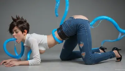 (tracer), ((Eyes closed in pleasure)), ((She is on all fours, head down, ass up)), ((conservative torn clothing, blue jeans, white shirt, skinny jeans, wide belt at the waist, narrow waist belt, smooth pants, tight pants, long pants, high heels)), she feels lust and desire, ((Mouth open as she sighs in pleasure)), ((Back arches from orgasm)), ((Legs open)), ((Blue glowing ghost tentacles extend towards her), (((Tentacle wrapped around her body and neck))), ((Tentacle wrapped around her breasts)), ((Blue glowing tentacle enters her mouth)), ((She sucks on the tentacle)), ((Tentacle blowjob)), and at the same time, ((Tentacles wrap around legs and open them)), (Tentacle fucks her pussy)), ((Tentacle deep inside her pussy)), ((((Bright blue tentacle cum drips from her mouth)))), ((((Blue glowing tentacle cum flows out her pussy)))), ((side view))