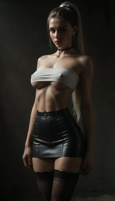 (score_7_up, score_8_up, score_9, 1girl, solo, masterpiece), sultry, seductive, seducing, alluring, intimate, sexual, horny, ((long white ponytail:1.5)), (black leather micro skirt), 18yo girl, (athletic skin body), (narrow waist:1.4), ((hip gap)), insatiable, lustful, erotica, irresistible, ziprealism, white tiny tube-top, (white strings), erected nipples, black choker, oiled skin, (black fishnet stockings with garters), (garters), (black background, chiaroscuro lighting:.5), <lora:sunnyrayyxo_v1_SDXLBase:.4>, <lora:dark:.4>, underboob, eyes shadows