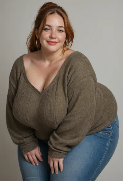 Mature, 45 years old, (oversized ssbbw:1.5), ., (Oversized thick thighs and oversized wide hips:1.2), . Oversized wide sweater. Natural ginger hair, thick ponytail. Freckles on face. Long eyelash. Busty lips, lipstick. Tight jeans. Big earrings. Seductive posing, bent over to the camera. Seductive smile.