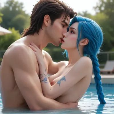 jinx, (league of legends), pink eyes, blue hair, in the swimming pool, kissing and fucking naked, <lora:Tags:.5>